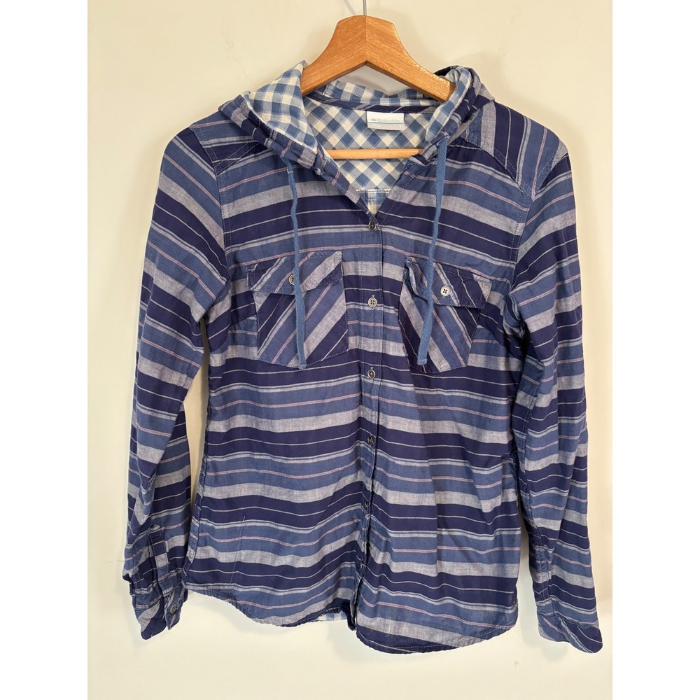 Columbia Womens Blue Striped Hooded Button Down Shirt Roll Tab Sleeve Small